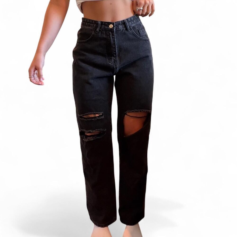 Distressed High-Rise Black Mom Jeans